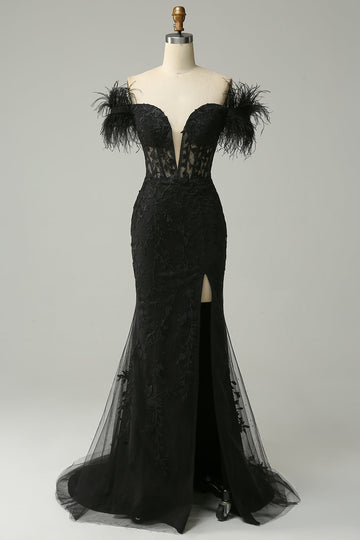 Off the Shoulder Black Mermaid Ball Dress with Feathers